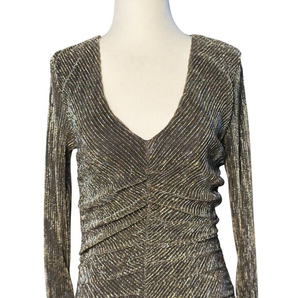 NEW STEVE MADDEN S Gold Green Metallic Ribbed Ruched Dress Long Sleeves V-Neck - Picture 5 of 12